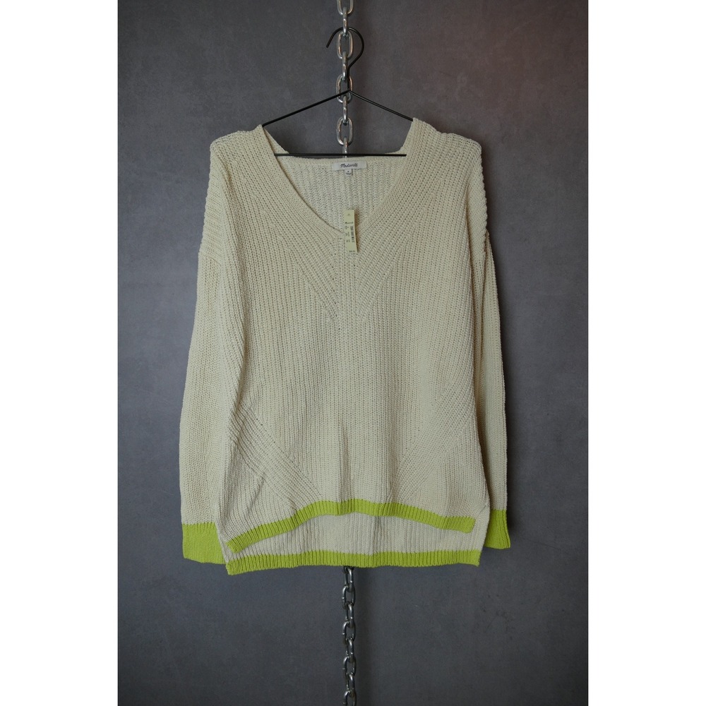Madewell Womens V Neck Cotton Blend Knit Sweater Medium Neon Trim‎